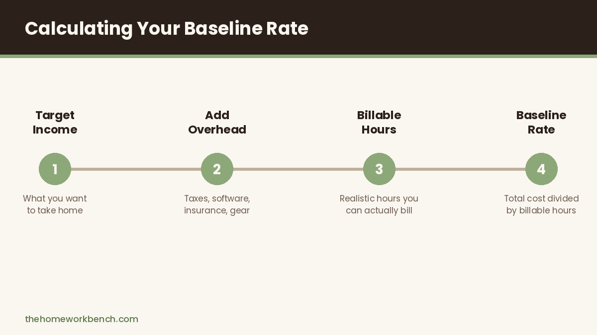 Four-step process for calculating a baseline freelance rate: target income, add overhead, divide by billable hours, get baseline rate