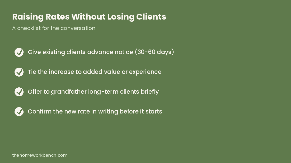 Checklist for raising freelance rates without losing clients: give advance notice, tie increase to value, offer to grandfather long-term clients, confirm in writing
