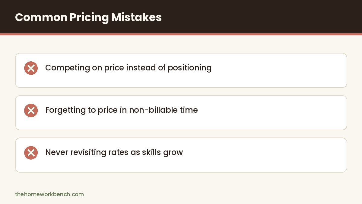 Three common freelance pricing mistakes: competing on price instead of positioning, forgetting non-billable time, never revisiting rates