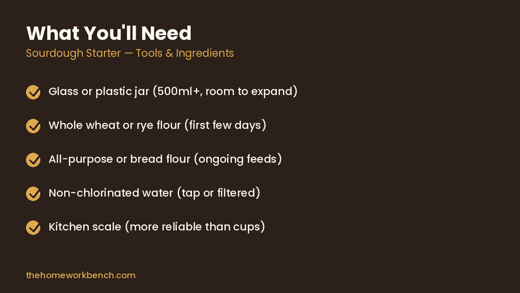 Checklist of tools and ingredients needed for a sourdough starter